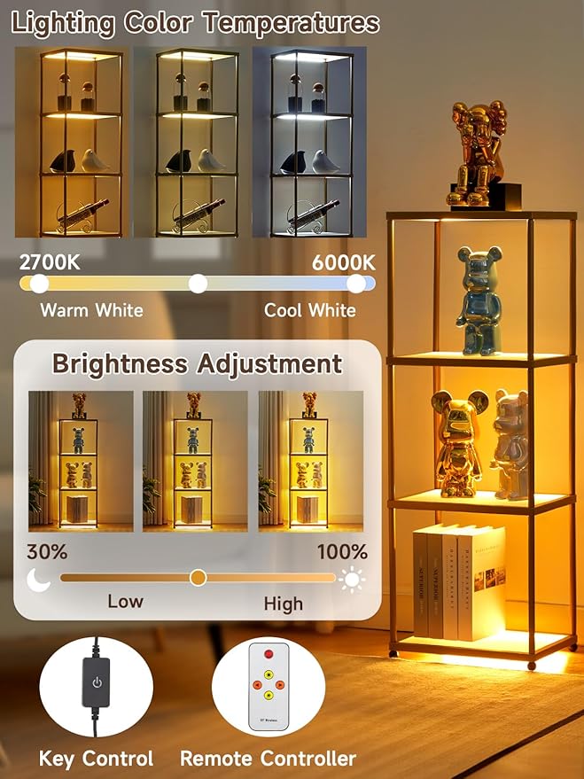 MANBUR Display Shelf with Dimmable LED Floor Lamp, Display Cabinet with Glass Bookcase, Home Decor, Bedroom Decor, Bookshelf with Light, Open Book Shelf with 4-Tier Shelf for Living Room Decor Gold