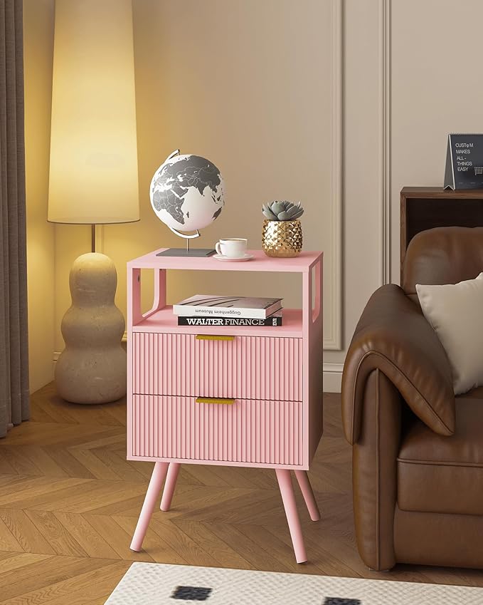 Pink Nightstand,Modern Bedside Table with 2 Storage Drawer and Open Wood Shelf, for Bedroom and Small Spaces,Night Stand with Solid Wood Legs