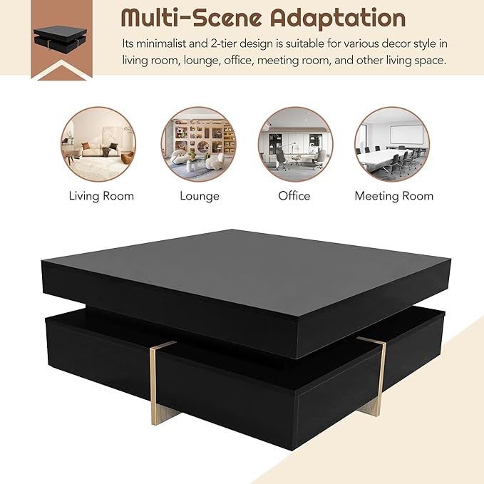 Modern Coffee Table with Storage, Contemporary Square Coffee Table with Drawers, High Gloss Modern Center Table for Living Room, Reception Room, Office, Black, 31" D X 31" W X 11" H