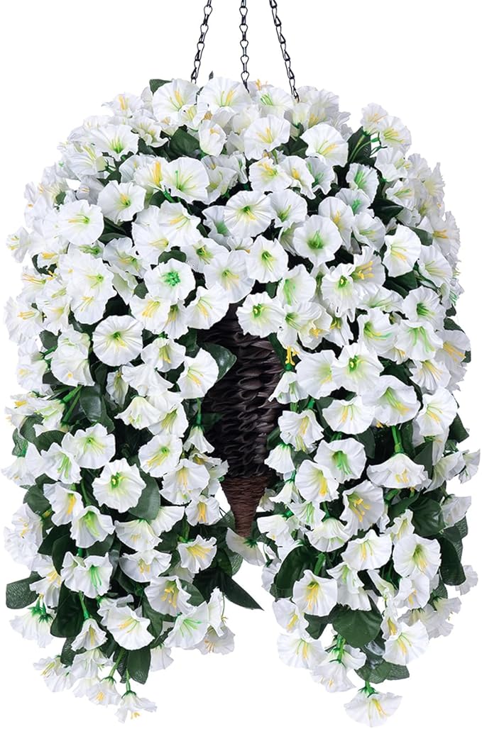 Artificial Fake Flowers Plants Hanging Baskets for Outdoor Outside Fall Decor, Faux Silk Hanging White Morning Glory Trailing Vines UV Resistant Look Real for Porch Patio Home Decoration