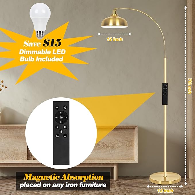 Gold Floor Lamps for Living Room- Arc Floor Lamps with 9W Bulb, 360° Adjustable Metal Shade, Remote Control Dimmable Floor Lamp, Over Couch Mid Century Modern Brass Floor Lamp for Bedroom, Office