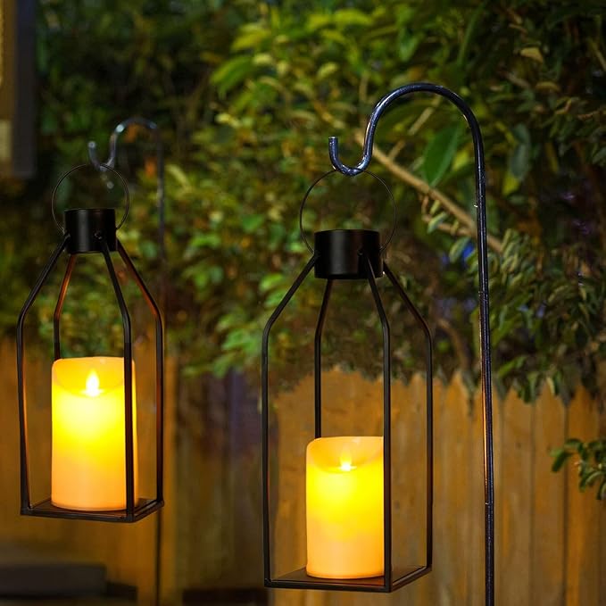 Modern Farmhouse Lantern Decor,16'' 12'' 2 Pcs Metal Candle Lanterns with Flameless Candles Black Decorative Lantern for Front Porch Covered Patio Dining Table Entryway Table Wedding Home Decor