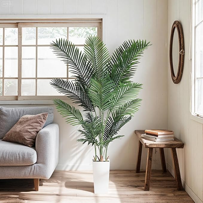 Artificial Areca Palm Tree 7FT Fake Potted Plant Faux Silk Tropical Areca Palm Real Bark Design, Large Artificial Plant in Tall White Pot for Home Living Room House Warming Floor Decor