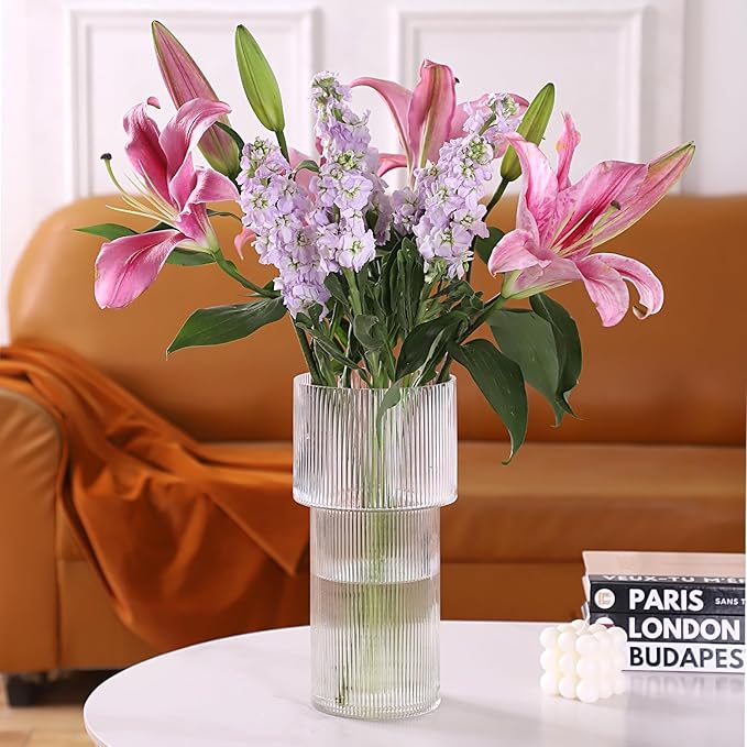 Large Glass Vase, 12 Inches Tall Vase for Flowers, Flower Vases for Bouquet, Modern Ribbed Glass Vases for Living Room, Dining Table, Office, Entryway, Mantle, Shelf, Wedding Gifts