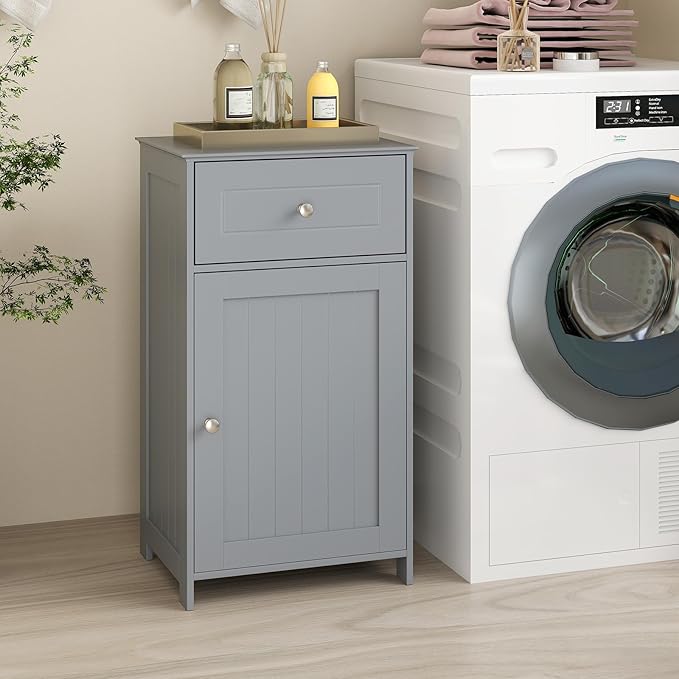 Tangkula Small Bathroom Cabinet for Small Spaces, Freestanding Single Door Storage with Adjustable Shelf, Anti-Tipping Device, Smooth Drawer, Floor Cabinet for Bathroom & Living Room (Gray)