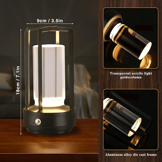 Portable Metal Table Lamp, Cordless Table Lamp, Rechargeable Battery Powered Portable LED Desk Lamp, 3 Color Stepless Dimming Touch, for Bedroom Restaurant Home Outdoor (2 Set of Black)