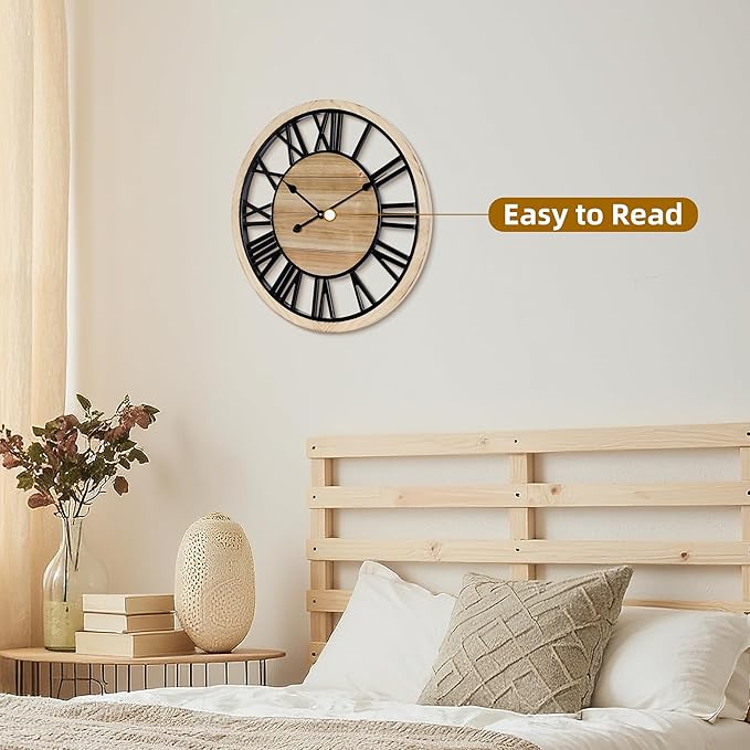 Maxstar 24'' Wall Clock for Living Room Decor, Ultra-Silent Rustic Wooden Farmhouse Wall Clock with Metal & Real Wood Frame, Battery Operated, for Kitchen Bedroom Office, Roman Numerals