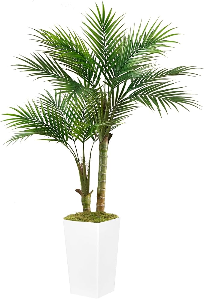 Fake Palm Tree 5FT - Artificial Plants with White Tall Planter, Faux Tropical Golden Cane Palm Tree with Two Trunks and 18 Realistic Palm Leaves, Indoor Floor Plants for Living Room Office Decor