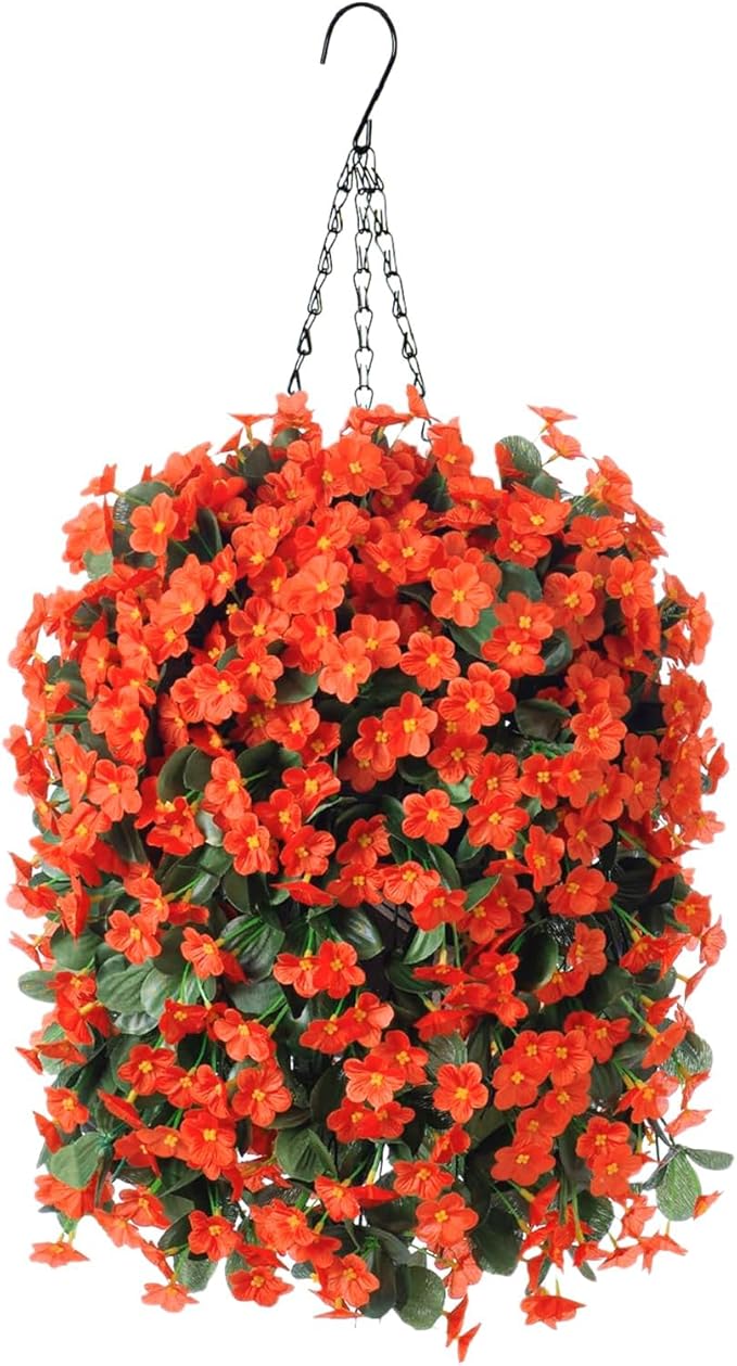 Artificial Fake Fall Hanging Flowers Plants Baskets for Outdoor Outside, Faux Silk Autumn Orange Orchid Trailing Vines in Planter Realistic UV Resistant for Balcony Porch Decor