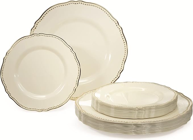 " OCCASIONS " 50 Plates Pack (25 Guests)-Heavyweight Wedding Party Disposable Plastic Plate Set -25 x 10.25'' Dinner + 25 x 7.5'' Salad/dessert plates (Rochelle Ivory and Gold)
