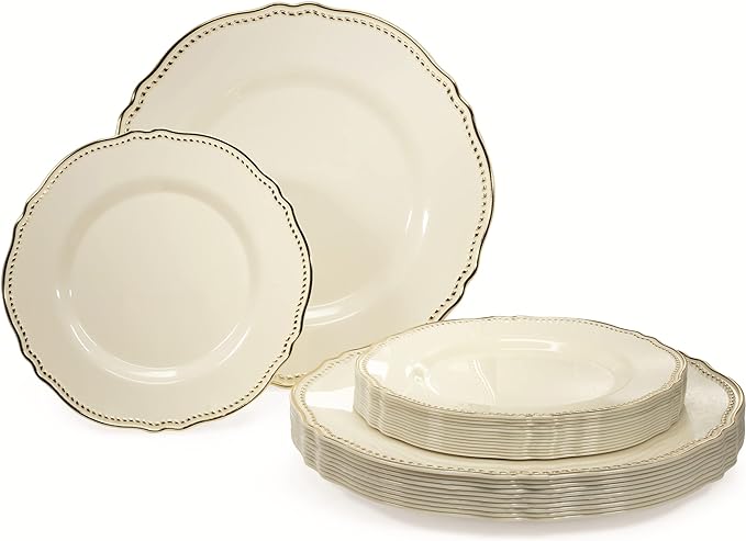 " OCCASIONS " 240 Plates Pack,(120 Guests) Heavyweight Premium Disposable Plastic Plates Set -120 x 10.25'' Dinner + 120 x 7.5'' Salad/Dessert (Rochelle Ivory and Gold)