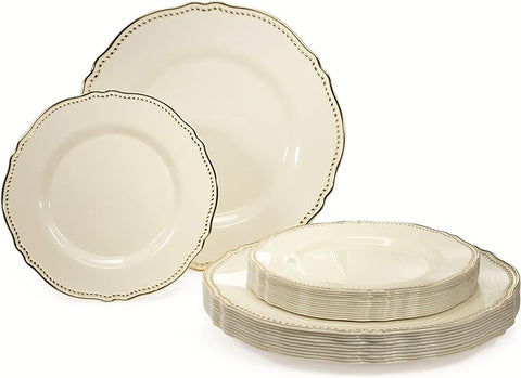 " OCCASIONS " 240 Plates Pack,(120 Guests) Heavyweight Premium Disposable Plastic Plates Set -120 x 10.25'' Dinner + 120 x 7.5'' Salad/Dessert (Rochelle Ivory and Gold)