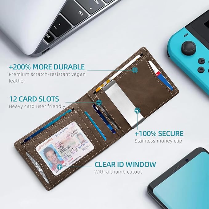 Zitahli Slim Wallet for Men Gifts 12 Card Slots ID Window With Money Clip Minimalist RFID Front Pocket Bifold Leather Small Thin Gift Box Dad Birthday Christmas Regalos Hombres