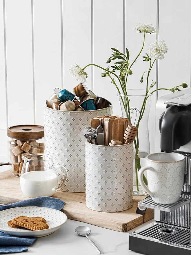 LE TAUCI Utensil Holder, 7.1"+5.4" Ceramic Kitchen Utensil Holder for Counter top, Embossed Cooking Utensil Organizer for Spatula & Spoon, Kitchen Decor, Set of 2, Arctic White, Clover