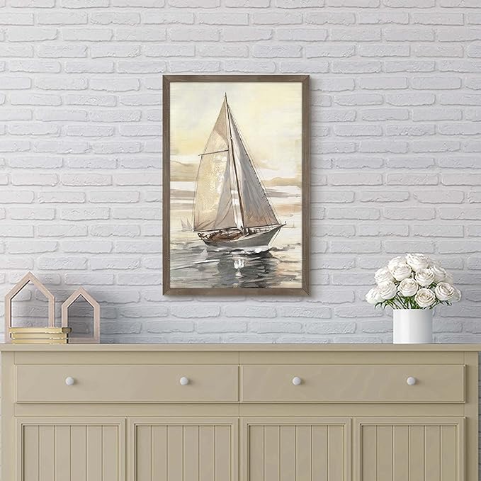 Ocean Sailboat Framed Wall Art - Nautical Boat Painting Coastal Sailing Artwork Sunset Seascape Picture Sea Beach Prints Wooden Decor for Bedroom