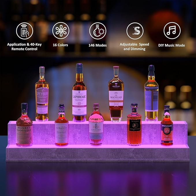 LED Lighted Liquor Bottle Display Shelf, 38 Inch Bar Display Shelf, DIY Illuminated Bottle Shelf with App & Remote Control, 2 Step Freestanding Holding Bottles for Home Bar, Party, Grey