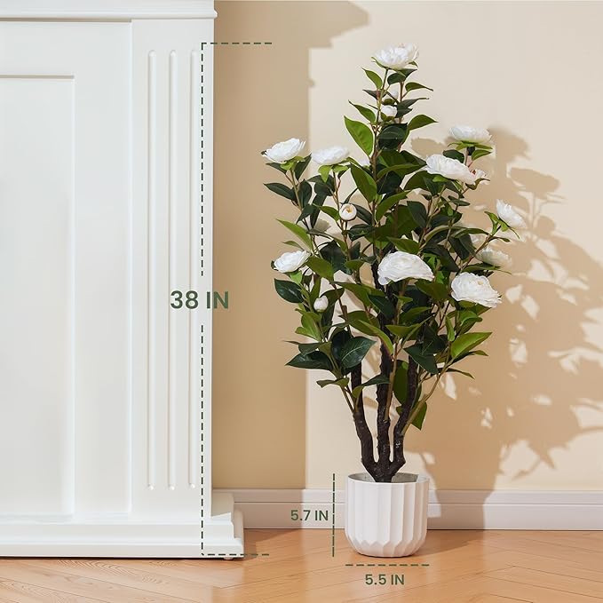 3.2FT Artificial Camellia Tree, White Silk Flowers, Indoor Faux Plants with Realistic Trunk in White Cement Pot for Home House Living Room Bedroom Office Decor, 1pc