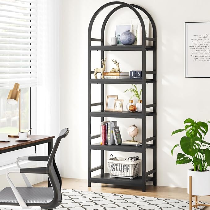 Tribesigns 5-Tier Open Bookshelf, 74.4" Wood Bookcase Storage Shelves with Metal Frame, Freestanding Display Rack Tall Shelving Unit for Office, Bedroom, Living Room, Easy Assembly(Black, 1PC)