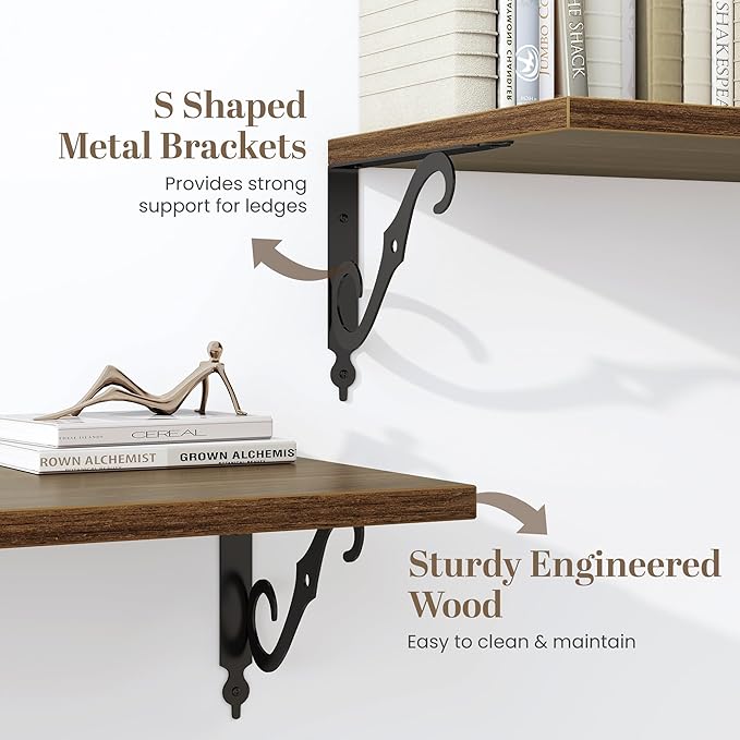 40 Inch Floating Shelves Wall Mounted, 12 Inch Deep Wall Shelves with Bracket, Rustic Hanging Bookshelf, 40" Bookshelves for for Living Room, Kitchen and Bedroom, Walnut, Set of 2