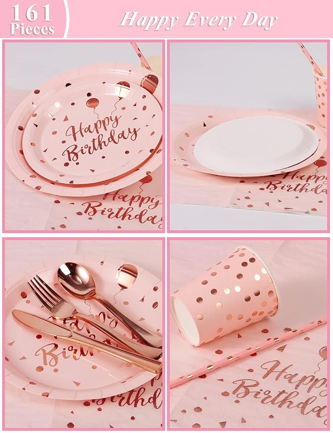 Birthday Party Tableware, 161 Pieces Pink and Rosegold Party Supplies, Party Dinnerware Sets Include Paper Plates Napkins Cups Silverware, for Shower Engagement Parties Decoration -20 Serves