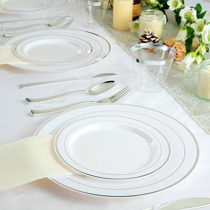 FOCUSLINE 600 Ct Silver Dinnerware Set for 100 Guests - Silver Rimmed White Disposable Plastic Plates, Includes 100 Dinner & Salad Plates, Cups, Cutlery Set for Wedding Parties