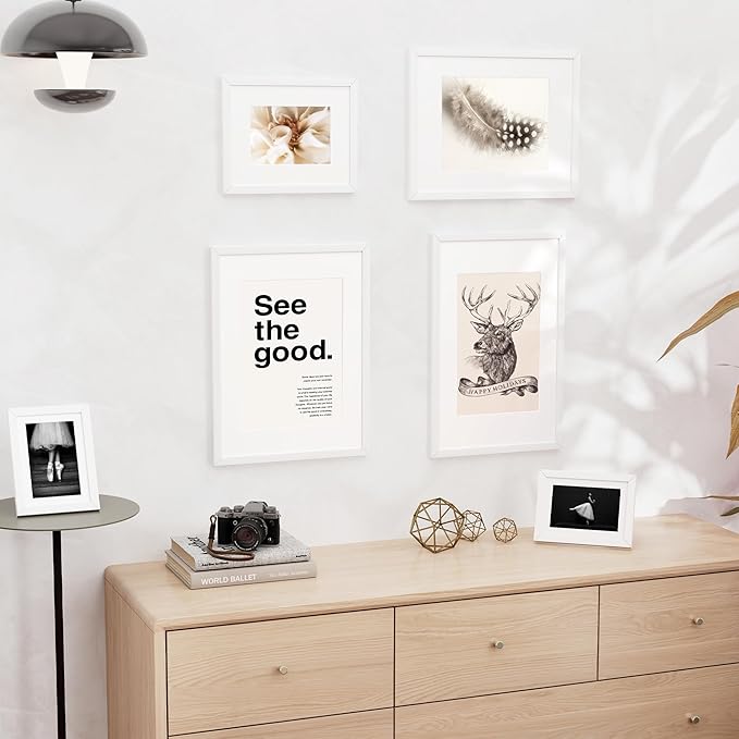 11x17 inch Picture Frame, 11x17 Photo Frames with 8x12 Removable Mat - High Definition Plexiglass - Vertical and Horizontal Display - Wall Hanging Frame - White, 5 Pack