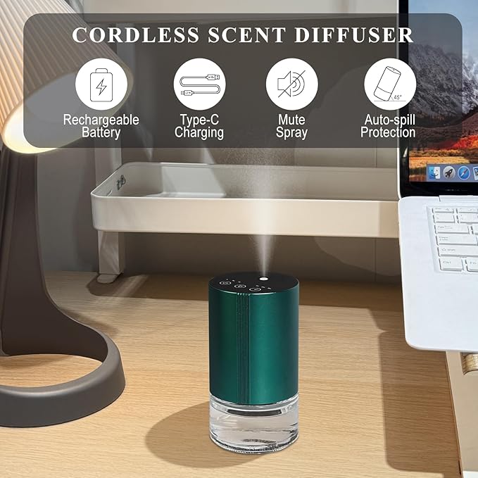 Essential Oil Diffuser, Waterless Scent Diffusers for Home Large Room, Rechargeable Atomizing Humidifier with 7-Color Night Light, Ultrasonic Air Freshener Machine (Green)