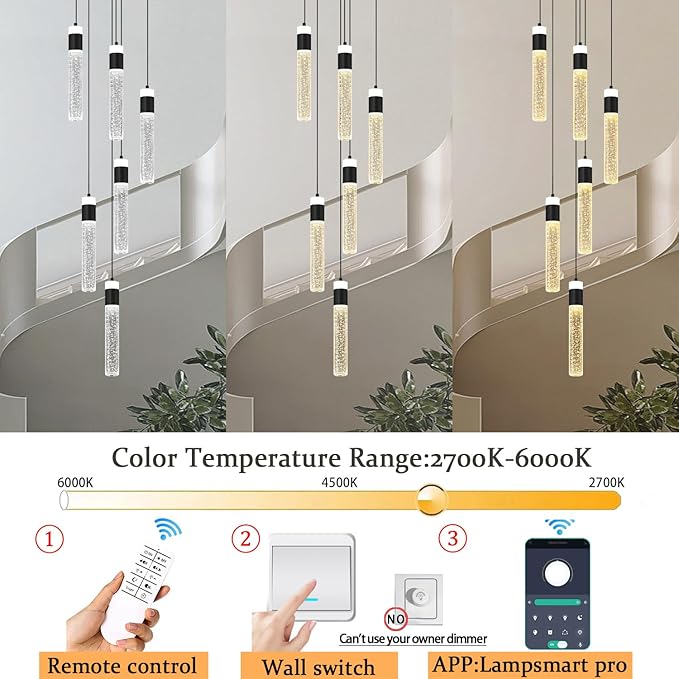 6-Light Black Modern Crystal Raindrop Chandelier for Dining Room Entrance Long Crystal Bubble Column Chandelier for High Ceiling Lighting Fixtures LED Lampara, 3000k-6000K