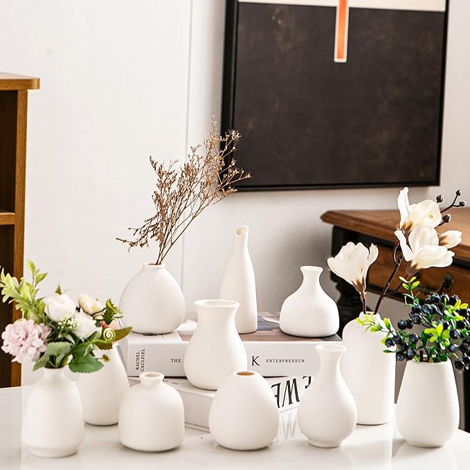 Ceramic Bud Vases, White Mini Vase Set of 11, Small Pottery Vases for Flowers Mini Ceramic Vases for Pampas Grass Vase Bulk for Wedding Table Centerpieces Decoration Boho Home Decor DIY Gift