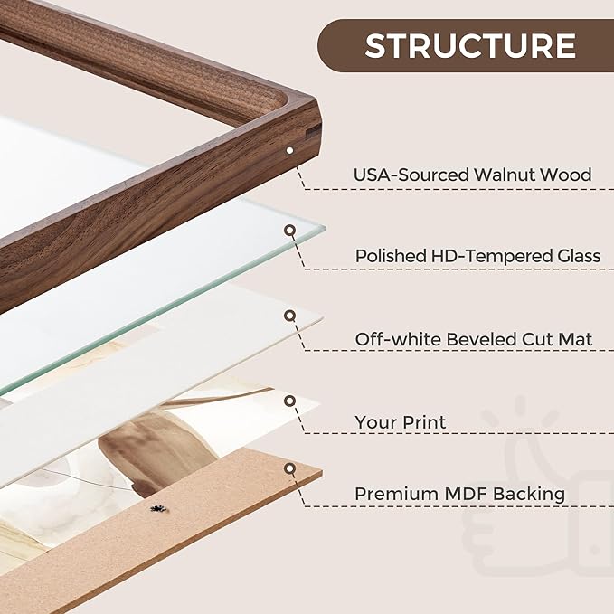 12x12 Picture Frame, USA-Sourced Natural Walnut Wood Photo Frame with Tempered Glass, Handcrafted Rounded Corner 12 x 12 Wooden Frame Matted to 8.5x11 Photos, Horizontal or Vertical Wall Mounting