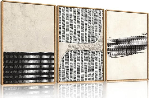 Large Abstract Black and Beige Framed Canvas Wall Art,Minimalist Dots Lines Wall Decor,Modern Geometric Shapes Artwork,Cozy Neutral Art Print for Living Room,Bedroom,Office,Home-24"x36"x3