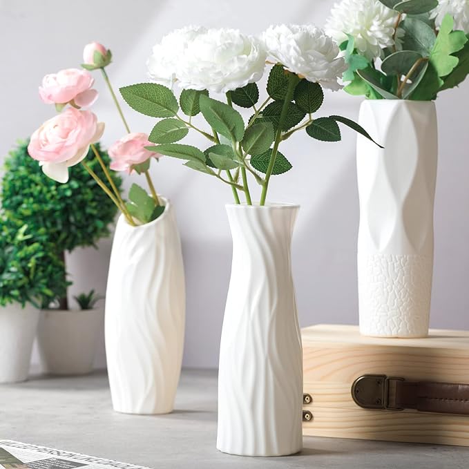 24 Pcs Composite Plastic Flower Vase Ceramic Look Decorative White Unbreakable Plastic Vases for Flower Centerpieces for Living Room Table Home Decor(Stylish Style)