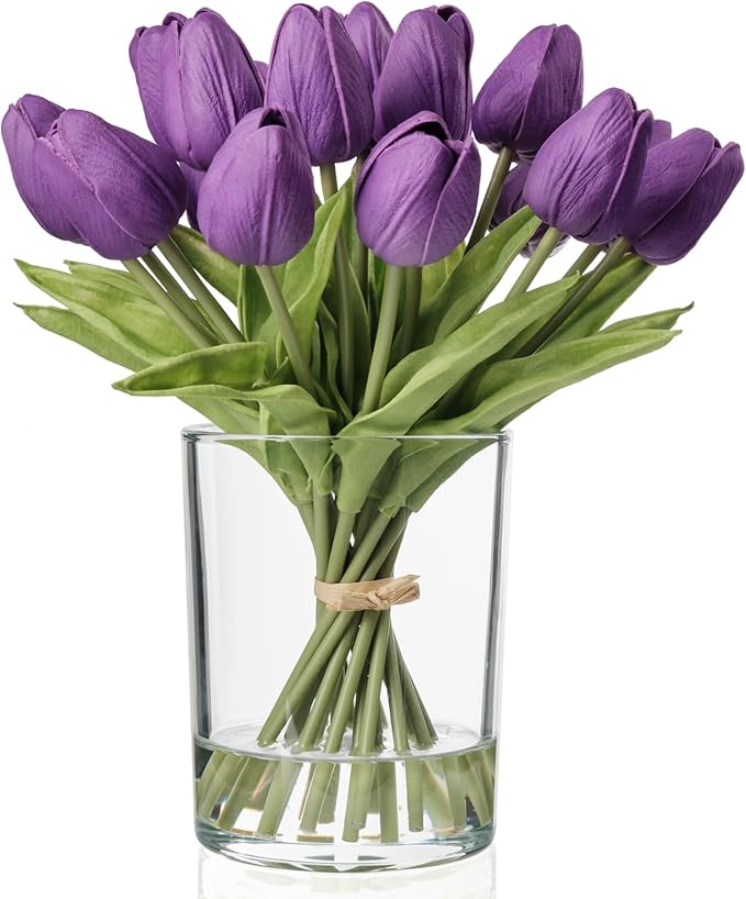 WELL KNOWN 20 Pcs Tulips Artificial Flowers in Vase, Real Touch Upgrate Purple Tulips Fake Flowers with Vase Flower Arrangements Artificial Centerpiece for Dining Room Table