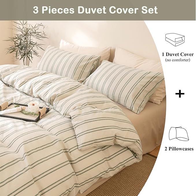 VM VOUGEMARKET Teen Boys Duvet Cover Set Twin,Greyish-Green Stripes Duvet Cover with 2 Pillowcases,Modern Cozy Washed Cotton Comforter Cover with Zipper Closure & Corner Ties 68"x90"(3pcs,Twin XL)