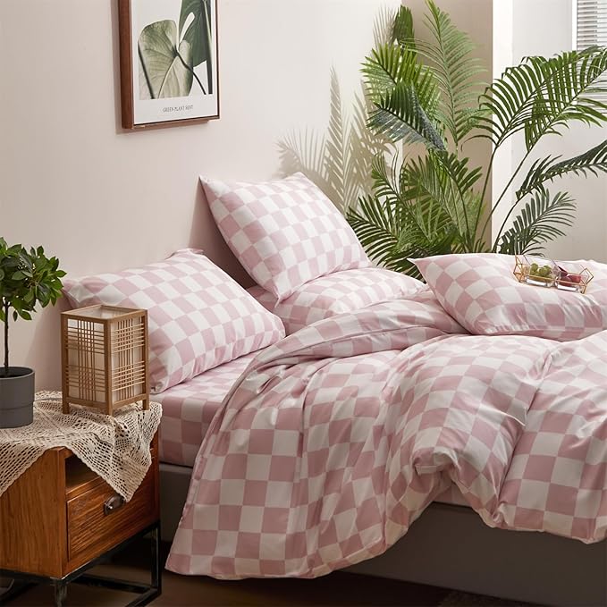 Pureant Pink White Plaid Comforter Sets California King Women Men Bean Pink and White Checkerboard Grid Bedding Comforters Cal King Modern Dusty Pink Checkered Geometric Quilts Luxury Abstract Bed