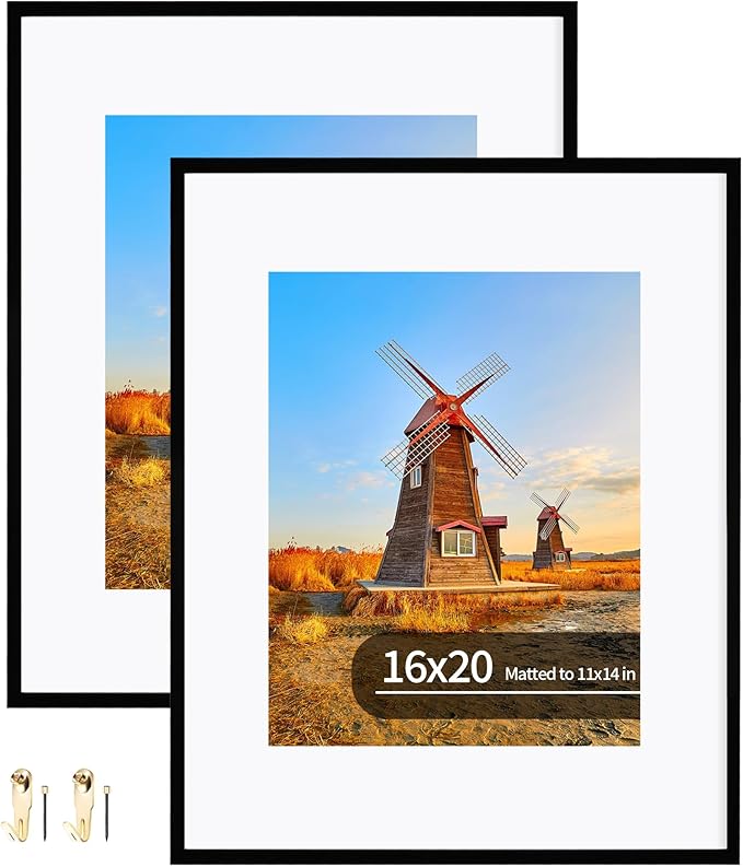 16x20 Metal Frames Set of 2, 16 x 20 Aluminum Photo Frames with 11x14 Mat - Sawtooth Hangers, Spring Clips for Wall Mounting Horizontal and Vertical(Black)
