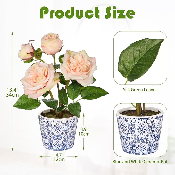 Hollyone Light Pink Roses Artificial Flowers in Blue and White Porcelain Vase 13.4" Fake Roses Flower Arrangement Artificial Plants & Flowers Potted Faux Silk Rose Flower with Ceramic Pot Home Decor