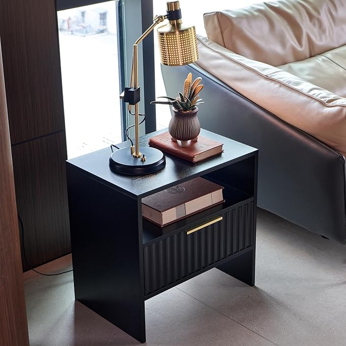 Night Stand with Drawer Open Storage Shlef Modern Badside Stand End Table Fluted Mid Century Nightstand for Bedroom Living Room Sofa Couch Home Office Black