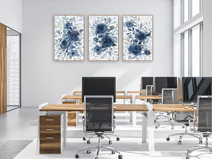 Large Retro Framed Wall Art - Natural Float Framed Blue Flowers White Canvas Pictures for Living Room Decor Indigo Floral Leaf Artwork for Bedroom Kitchen Home Office Decoration 72" X 36" Set of 3