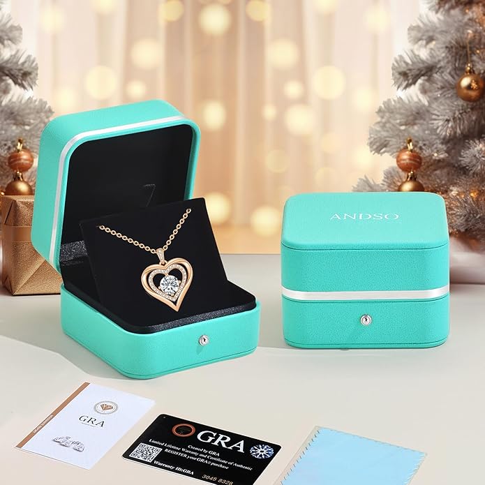 Moissanite Heart Pendant Necklaces for Women, 925 Sterling Silver Gold Plating Lab-Created Gem Necklace Engraved with 'I LOVE YOU', Ideal Anniversary Birthday Christmas Valentine Engagements Mothers Day Jewelry Gifts for Mom Wife Girlfriend Daughter Her