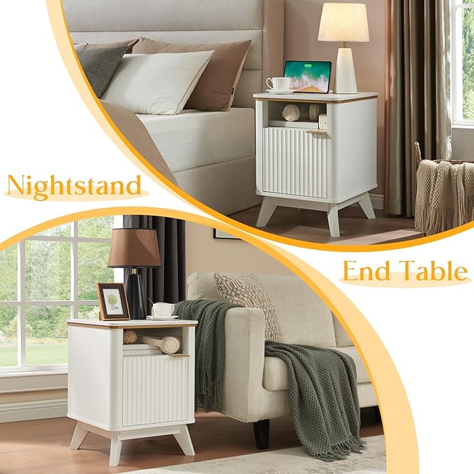 QUW Fluted Nightstand Set of 2 with Charging Station, 18" Modern Side Table, Bedside Table with Open Storage and Cabinet, End Table for Bedroom, Living Room, White