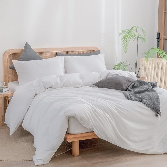 BESTOUCH Duvet Cover Set 100% Washed Cotton Linen Feel Super Soft Comfortable Chic Lightweight 3 PCs Home Bedding Set Solid Bright White Full/Double