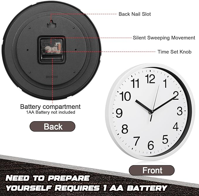 Inbagi 8 Pcs Wall Clock Large Silent Battery Operated Wall Clocks Modern Non Ticking Wall Clocks Bulk Decorative for Kitchen Office Living Room Home Bathroom Bedroom Classroom(White,10 Inch)