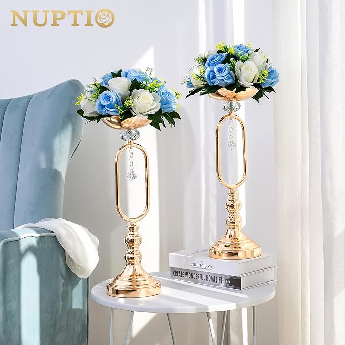 NUPTIO 가짜 플라워 볼 장식 부케 10개, 베이스 포함 헤드 플라스틱 장미 15개, 저희 매장의 웨딩 센터피스 플라워 랙에 적합, 파티 발렌타인 데이 홈 데코용 (블루 & 화이트)