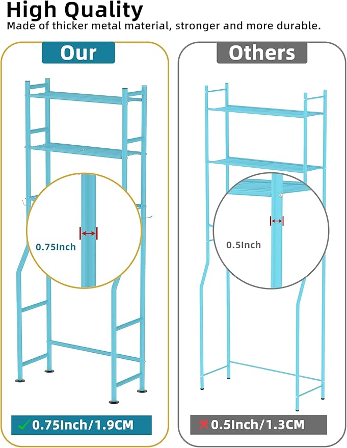 3-Tier Over The Toilet Storage, Freestanding Metal Bathroom Shelves with 4 Hooks, Over Toilet Storage Shelf with Paper Holder, Above The Toilet Shelf for Bathroom Storage, Blue