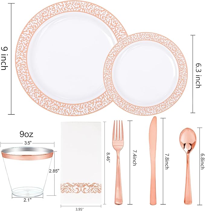 Festiva 350PCS Rose Gold Plastic Dinnerware Set - Disposable Lace Rose Gold Plates and Napkins Party Supplies - include plates,napkins,cups,silverware - Serve for 50 Guests Party&Wedding&Mother's Day