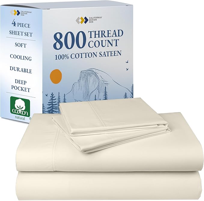 California Design Den Luxury Queen Sheets Set - Buttery Soft 800 Thread Count Sateen, 100% Cotton Bed Sheets Set with Deep Pockets, Beats Fake Egyptian Claims, Durable Bedding (Creamy Ivory)