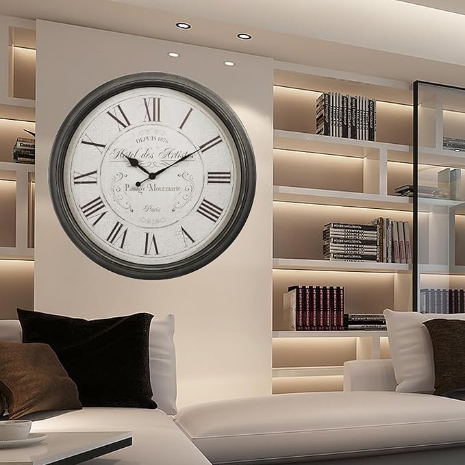 Extra Large Wall Clock, 30 Inch, Brown White, Silent Non-Ticking Quartz Movement, Battery Operated, Decorative Roman Numeral, Stylish Clock Living Room, Office, Home Decor