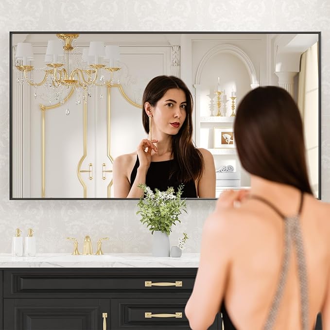 LOAAO Black Bathroom Mirror 60"X28" for Wall, Rectangle Bathroom Vanity Mirror, Tempered Glass, Hangs Vertically or Horizontally, Easy to Install, Modern Design