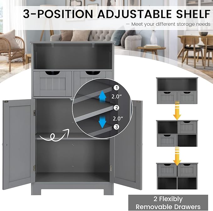 COSTWAY Bathroom Storage Cabinet, Freestanding Storage Organizer with 2 Drawers & Adjustable Shelf, Wooden Floor Cabinet for Living Room, Bedroom, Kitchen, Entryway (Gray)